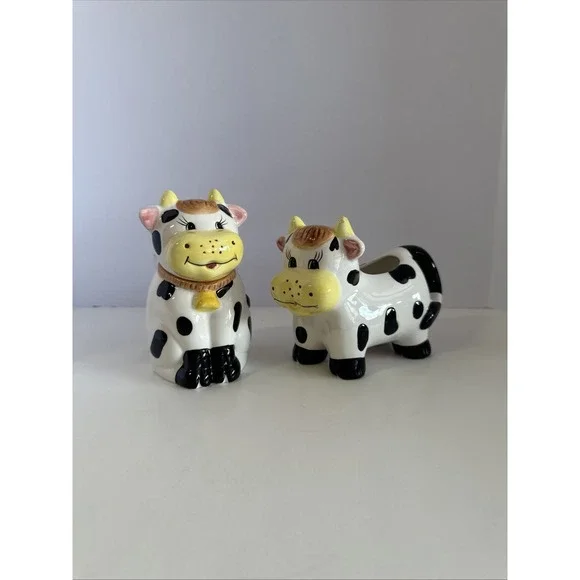 Vintage Ceramic Cow Creamer and Sugar Bowl Set Black White Spotted Farmhouse