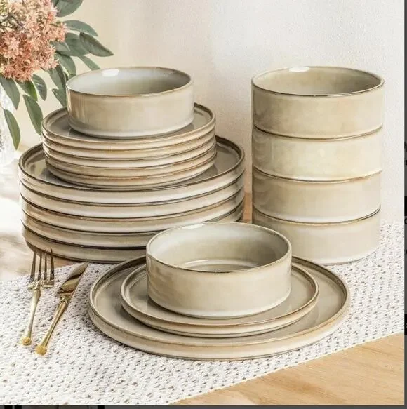 Stoneware Dinnerware handcrafted 18pc, set serves 6, Cappuccino