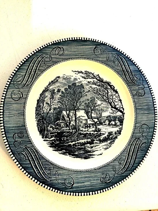Currier & Ives The Old Grist Mill Blue White Vintage Dinner Plate 10 Inch Made I