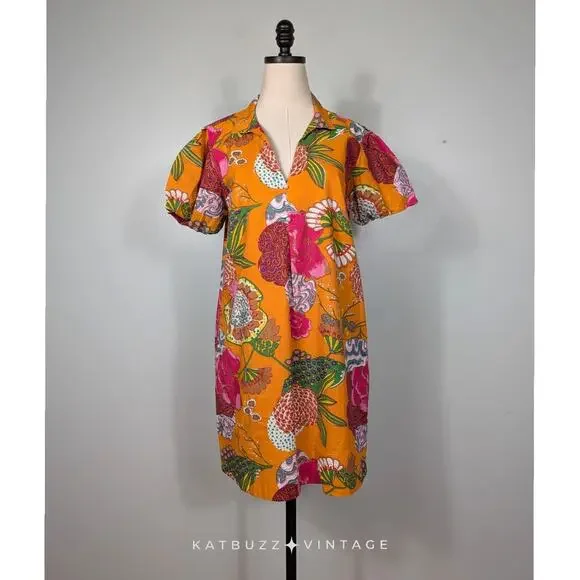 Tropical Short Sleeve Mini Dress S Orange Multi Preppy Beach Cruise Shift Cotton