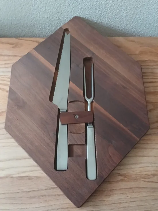 Vintage Mid Century Modern Walnut Hexagonal Cheese Board Set Reversible MCM