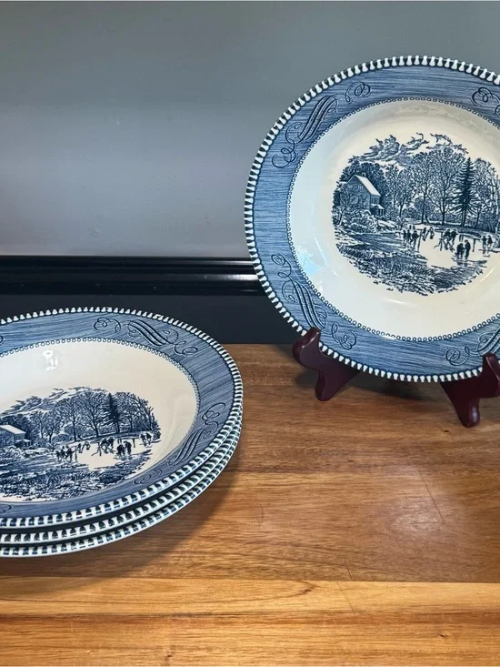 Set of 4 Currier & Ives Early Winter Blue/White Ceramic Bowls USA - HDTote1