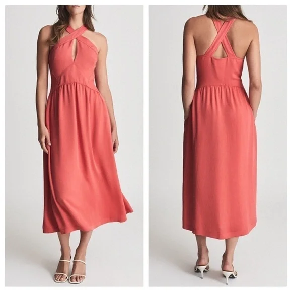 New! Reiss Orla keyhole front halter midi Dress pink nwot 18429