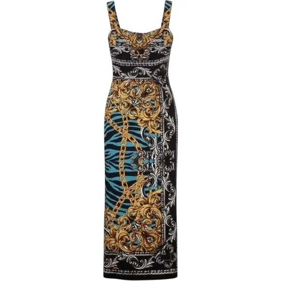 Marciano Los Angeles Baroque Print Maxi Dress Small Black Teal Gold Sleeveless