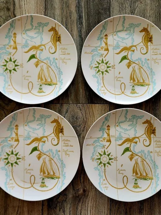 vintage melamine dishes nautical seahorse Boontonware set of 4