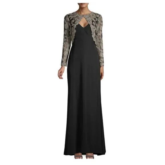 Tadashi Shoji Darya Black, gray, and gold Embroidered Lace Crepe Stretch Gown‎
