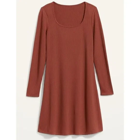 Old Navy Fit & Flare Rib-Knit Long-Sleeve Mini Dress Brown Size L Made