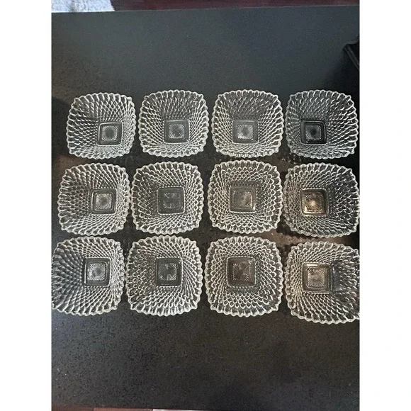 Vintage set of 12 pressed glass square berry or dessert bowls