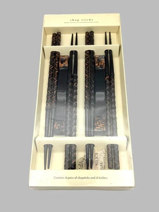 Pier 1 Imports Carved Wood Chopsticks Set 4 Pairs w/ Holders NIB 8.75