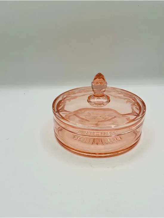 Peach Pink Pressed Glass Covered Trinket Dish