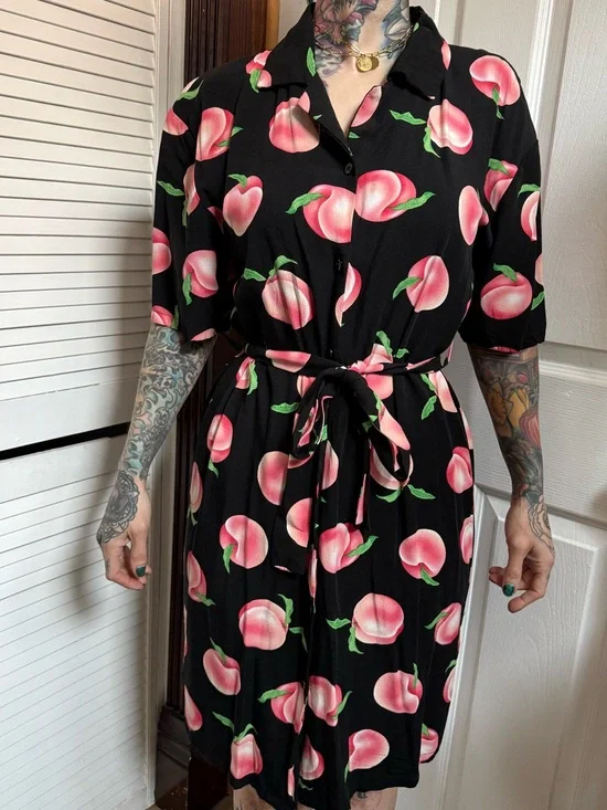 Dangerfield Black Peach-Print Tie-Waist Mini Dress Sz 6