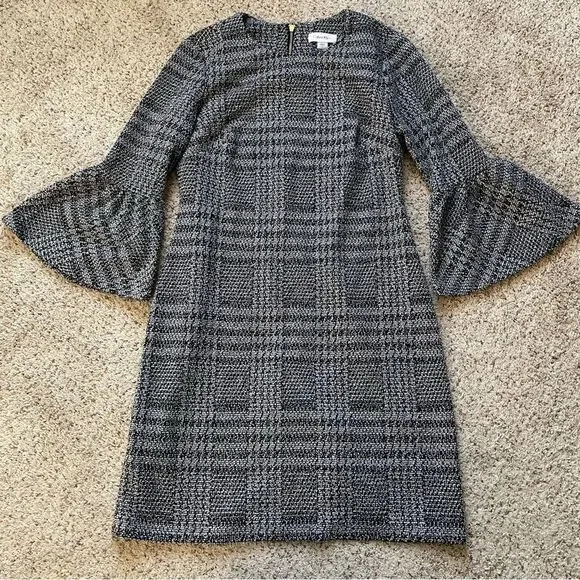 Calvin Klein‎ Women's Black White Plaid Ponte Knit Bell Sleeve Dress Size 4