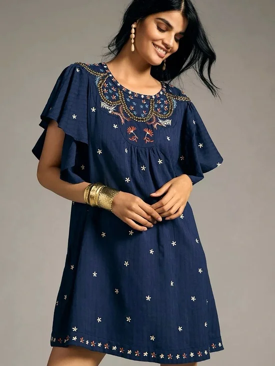 Anthropologie | Navy Crewneck Embroidered Flutter-Sleeve Tunic Dress ~ Small
