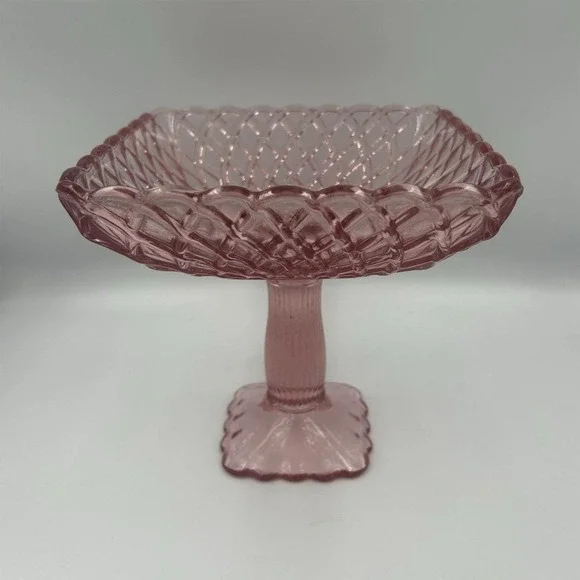 Pink Glass Square Pedestal Compote Dish, Diamond Pattern, 8 in x 8 in