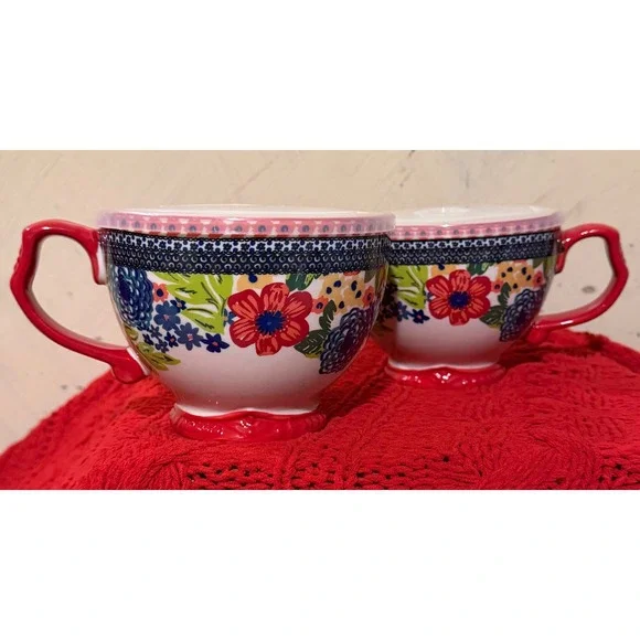 Pioneer Woman Breezy Blossom Soup Mugs with Lids Set of 2 Stoneware Floral 2012