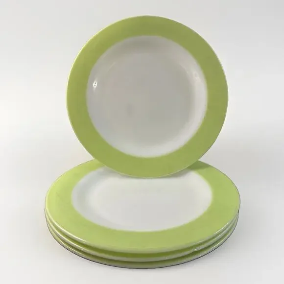 Set of 4 Pyrex Lime Green Band Dinner Plate Milk Glass MCM 10