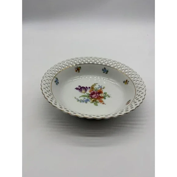 Vtg Schumann Reticulated‎ Dresden Flowers Porcelain Bowl 9