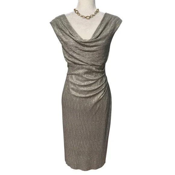 Womens‎ 10 Ruched Dress Silver Sheath Metallic Cowl Neck Cocktail Wedding Guest