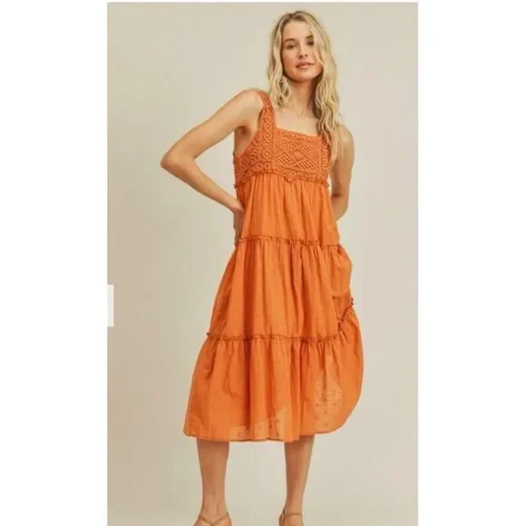 Lush Crochet Dress Women Sz S 4/6 Tiered Midi Ruffle‎ Trim Flowy Feminine Orange