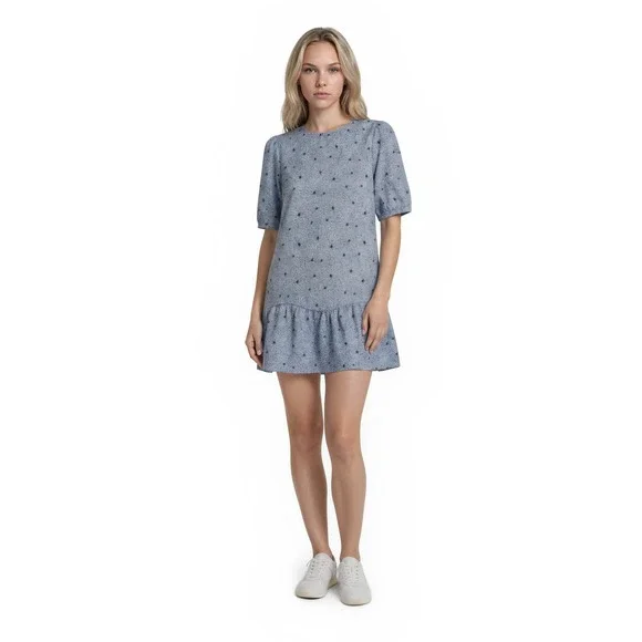 Tyler Boe‎ Shift Dress Women's Size Large Blue Floral Puff Sleeve Ruffle