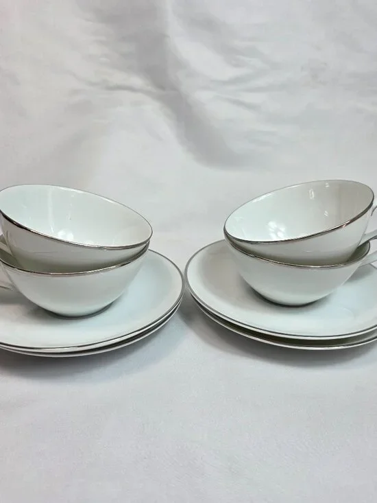FOUR Noritake Colony Cup & Saucer Sets White Coupe Shape Platinum Trim