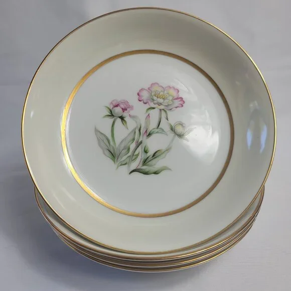 FOUR Mikado Harmony Coupe Soup Bowls Cream Rim Pink Floral Center