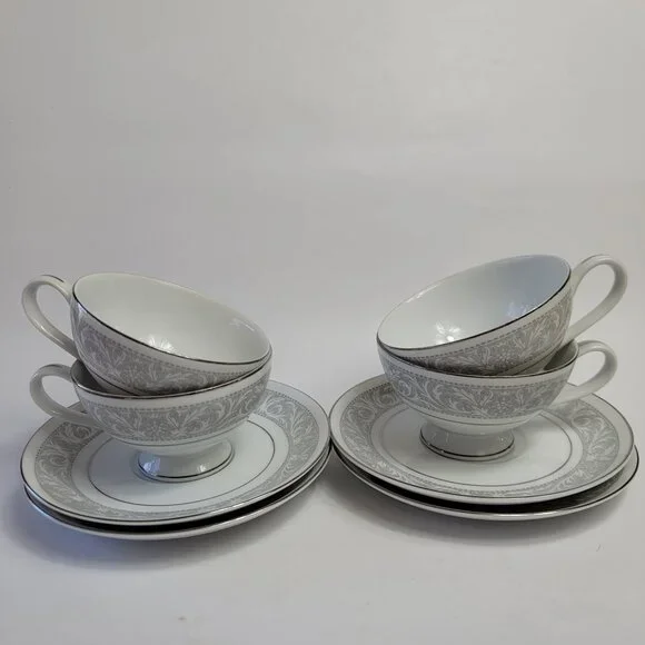FOUR Imperial China Whitney Cup & Saucers White Gray Band Leaf Scrolls W. Dalton