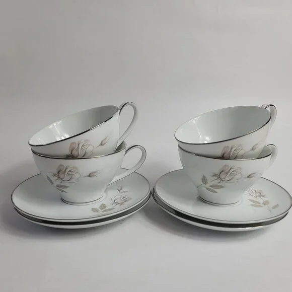 FOUR Noritake Sweet Talk Cup & Saucers Sets White with Pink & White Roses