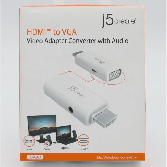 j5create HDMI to VGA Video Adapter Converter w/ Audio JDA203 White Sealed Box