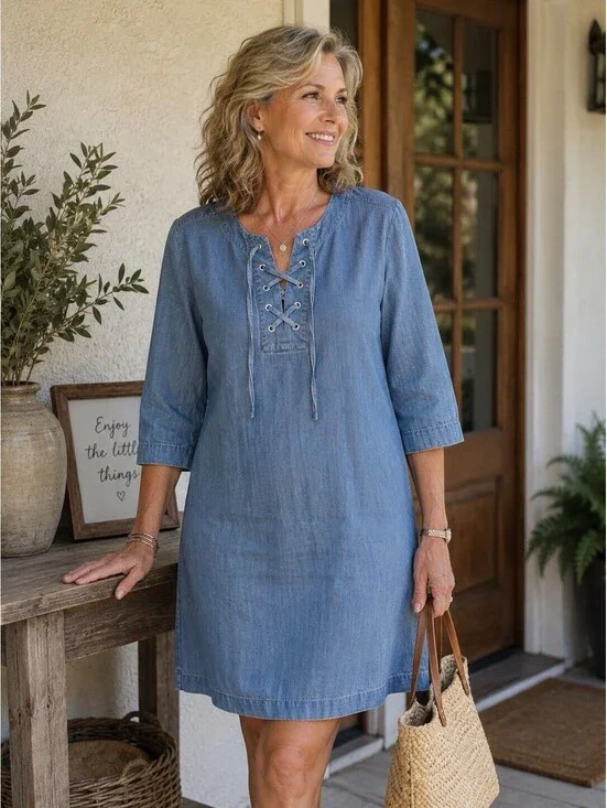 Talbots Women's Blue Denim Front Neck Ties Petite 2p Dress