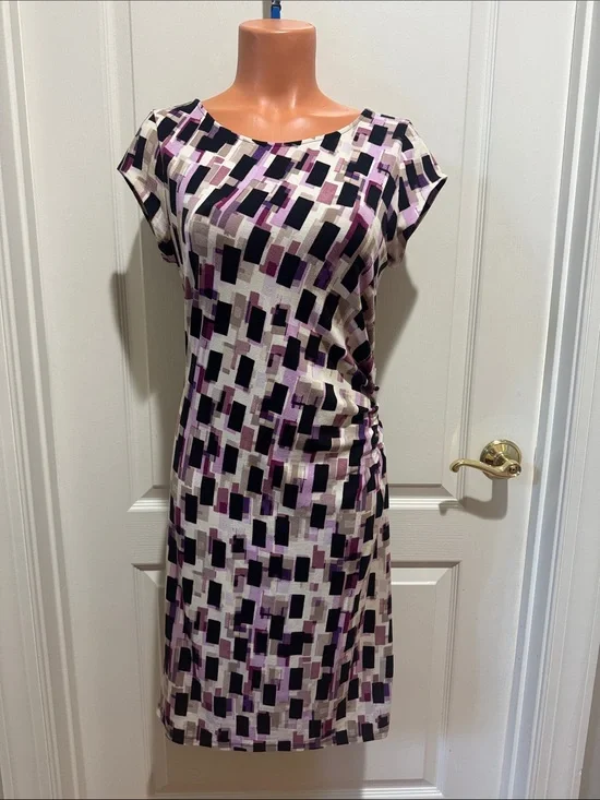 ANN TAYLOR Knit Abstract Purple Lilac Print Sheath Dress size S Small $89 KL EUC