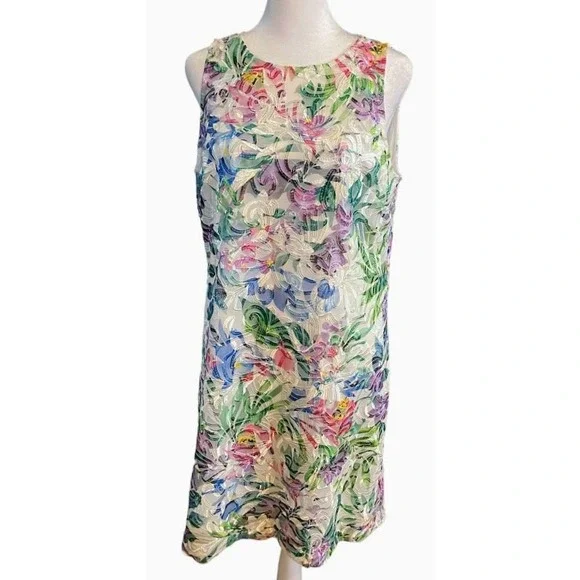 Tahari Arthur‎ S. Levine Shift Dress Womens 8 Multi Excellent Floral Embroidered
