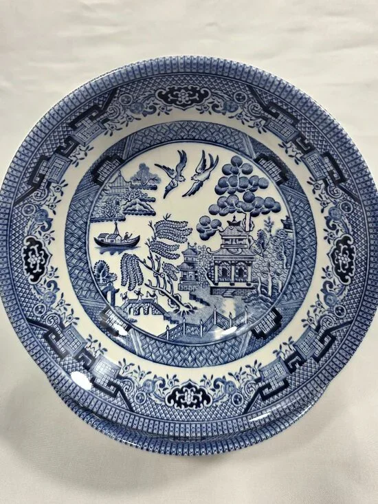 TWO Churchill Willow Blue Coupe Cereal Bowls Georgian Shape Blue Willow England