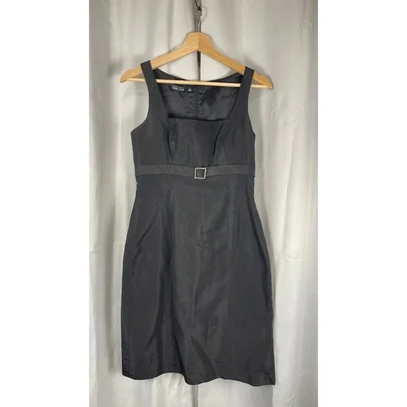 Rickie Freeman Teri Jon Black Sheath Cocktail Dress Rhinestone Buckle Size 2