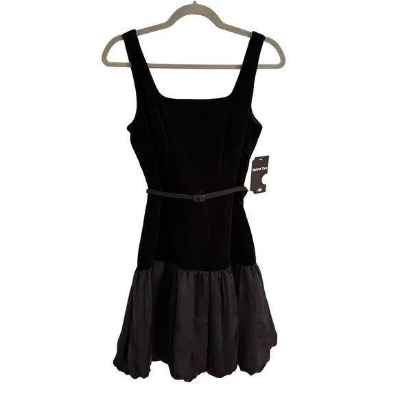 Maison Tara Black Velvet Bubble Hem Mini Dress Belted Square Neck Size 6 NEW