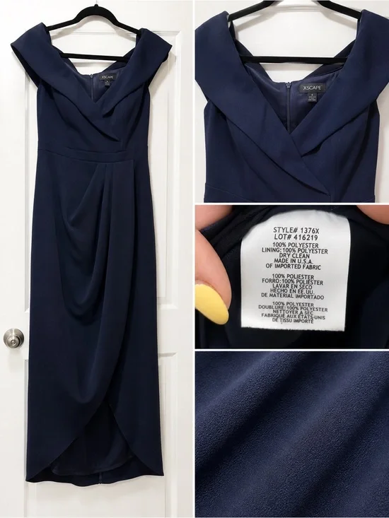 Xscape Navy Off-Shoulder Draped Tulip Midi Dress
