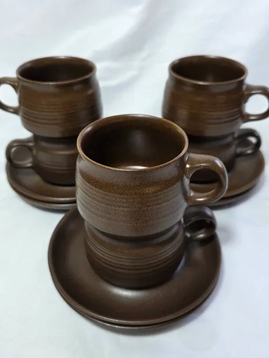 Six Denby Langley Mayflower Cup & Saucer Sets Brown with Bands