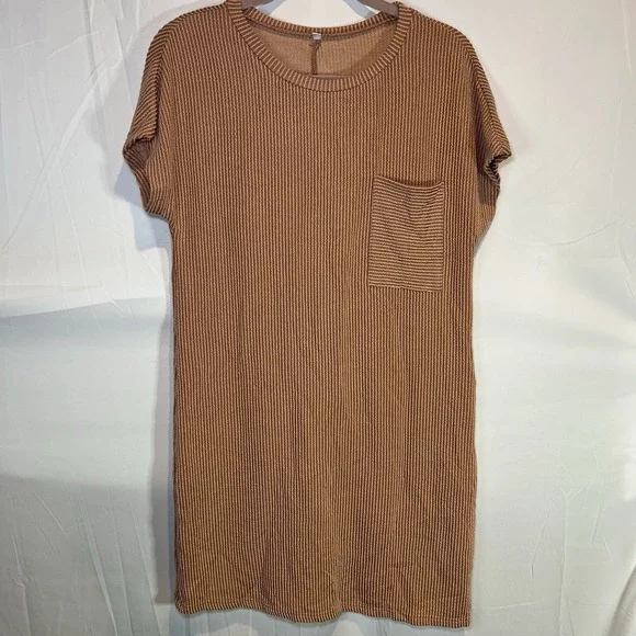 Casual Brown Striped Ribbed T Shirt Dress Size S Soft Knit Relaxed‎ Fit Stretch