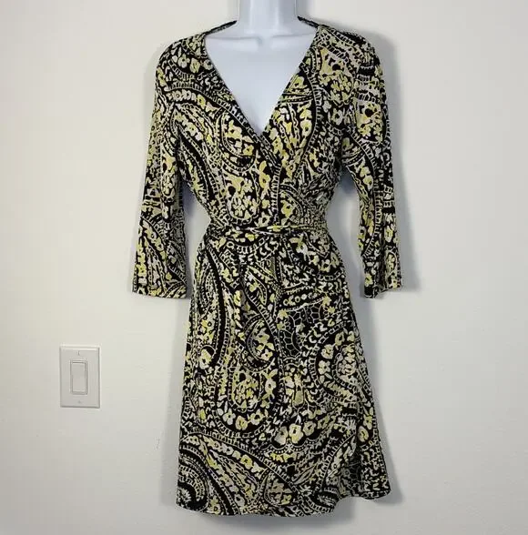 Emma & Michele Black Yellow White Paisley Wrap Dress V-Neck 3/4 Sleeve M