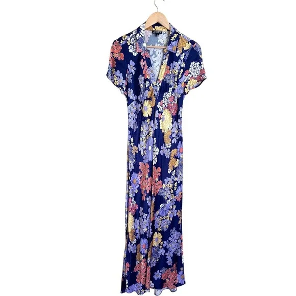 J CREW Retro Floral Satin Maxi Dress Size 8 Blue Cottagecore 70s Style Garden