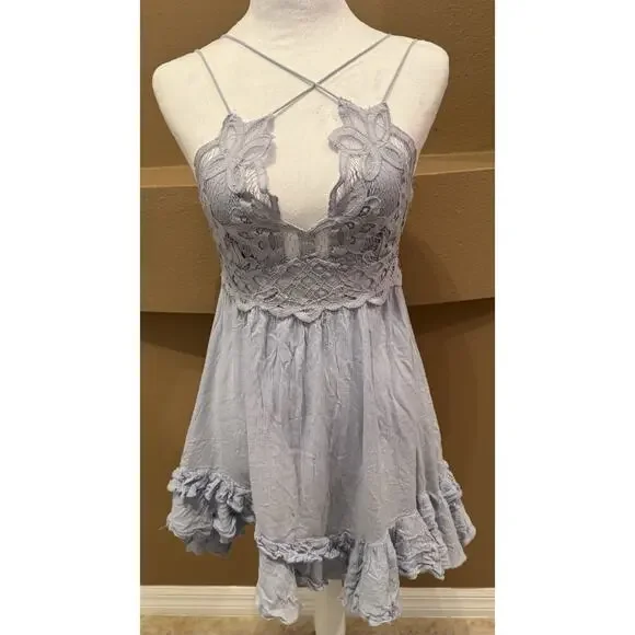 Free People Adella Slip Dress Blue Lace Mini Dress Boho Ruffle Hem Size S
