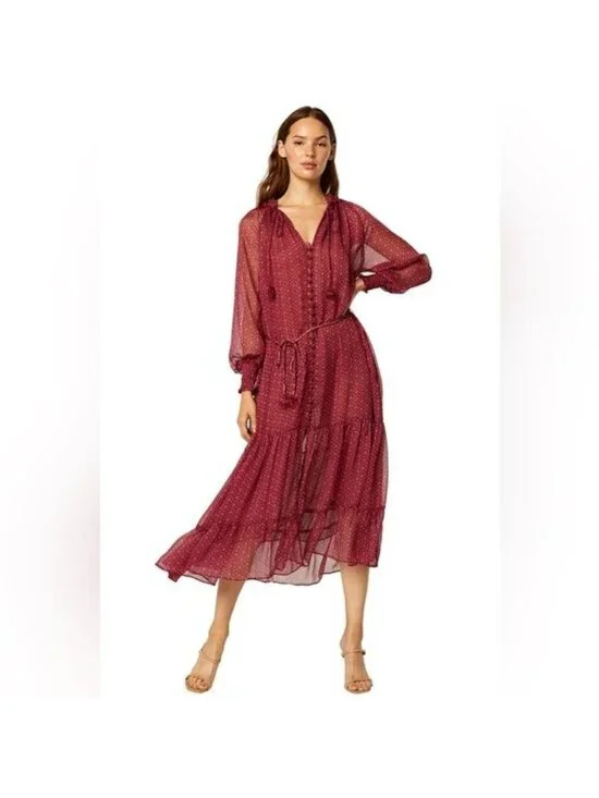 Misa LA Louisa Dress Cardinal Tile Long-Sleeve Sheer Maxi Tiered Skirt Sz M NWT