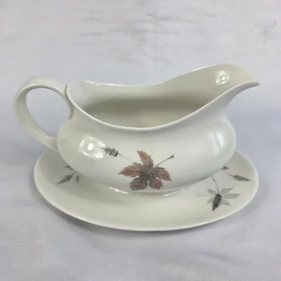 Royal Doulton Tumbling Leaves Gravy Boat & Underplate Gray & Pink Leaves