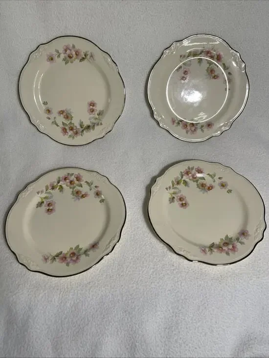 Homer Laughlin VIRGINIA ROSE Porcelain Floral Platinum Trim Bread Plates X4