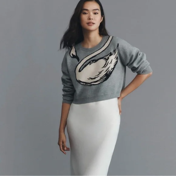 Anthropologie Gray Sweater with Cream Swan Graphic twofer dress midi new M