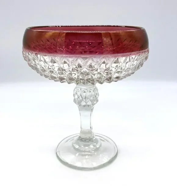 Vintage Indiana Glass Diamond Point Ruby Red Flash Pedestal Compote 7.25” Tall