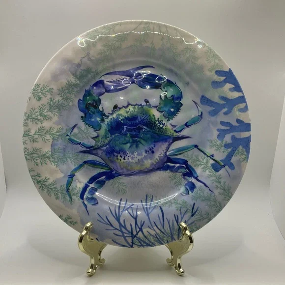 Tommy Bahama Set of 6 Blue Crab Melamine Dinner Plates Nautical Coastal 10.5”