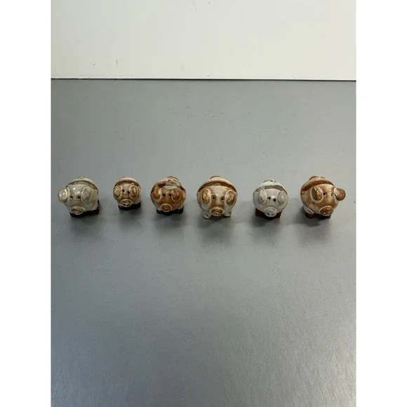 Set of 6 Miniature Studio Pottery Pig‎ Place Card Holders Handmade Farmhouse Art