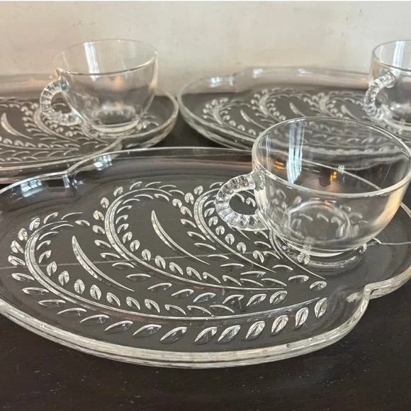 Vintage Federal Glass | Homestead | Snack‎ Set 3 Plates 3 Cups Pressed Glass MCM