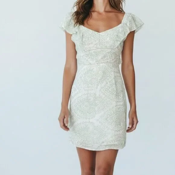 MINKPINK Ruffled Off-Shoulder Embroidered Patterned Mini Dress in Size XS